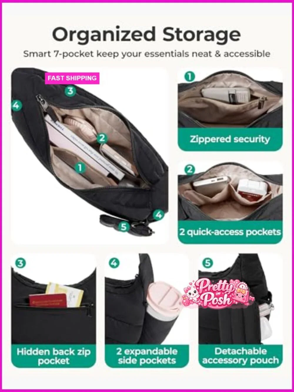 Polyester Puffer Hobo Crossbody Bag with Adjustable Strap